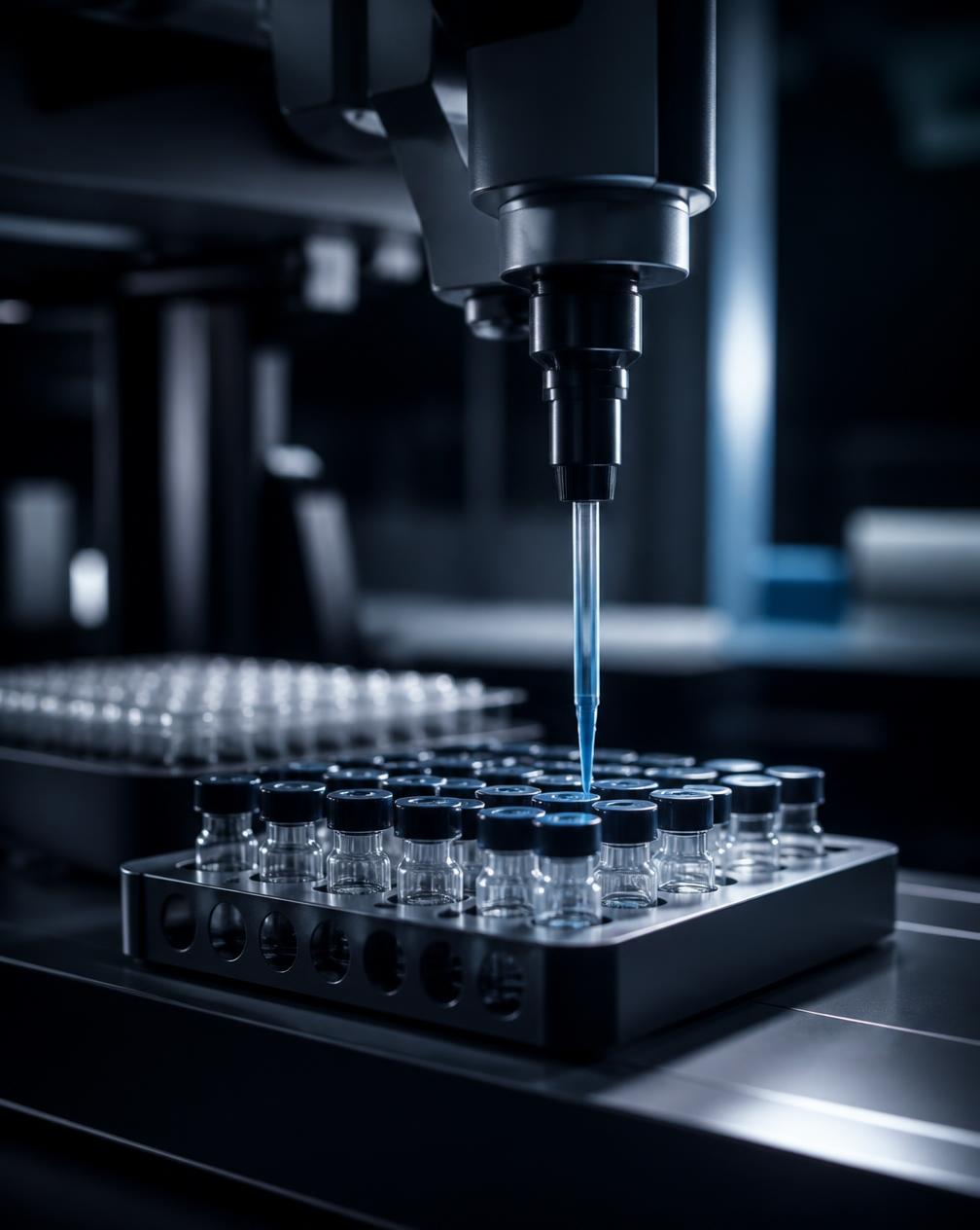 Longevity R&D Services — automated pipetting robot dispensing into vials