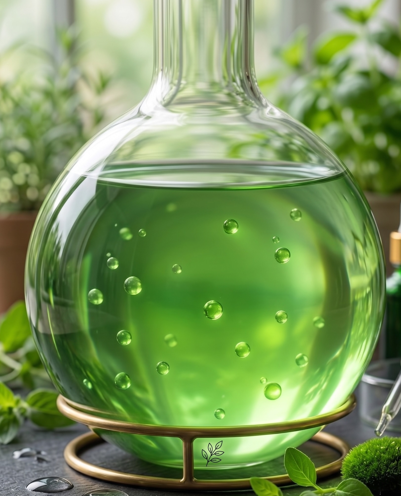 Algae Oceanica Ferment — luminous green essence in a laboratory flask